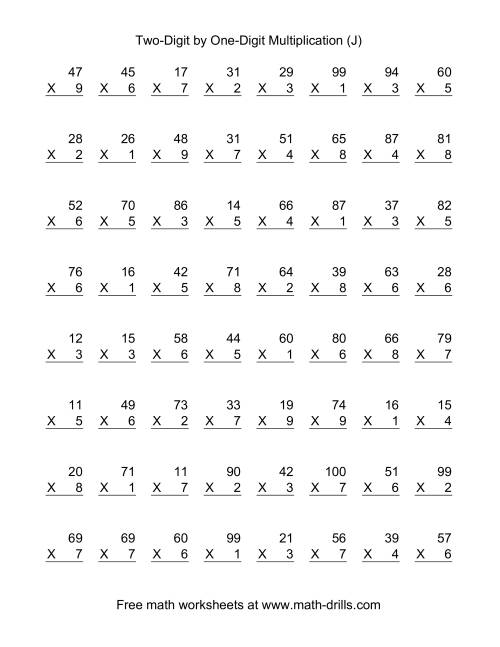 The Multiplying Two-Digit by One-Digit -- 64 per page (J) Math Worksheet