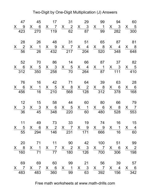 The Multiplying Two-Digit by One-Digit -- 64 per page (J) Math Worksheet Page 2