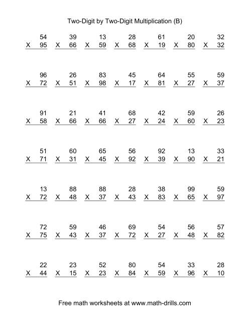 The Multiplying Two-Digit by Two-Digit -- 49 per page (B) Math Worksheet