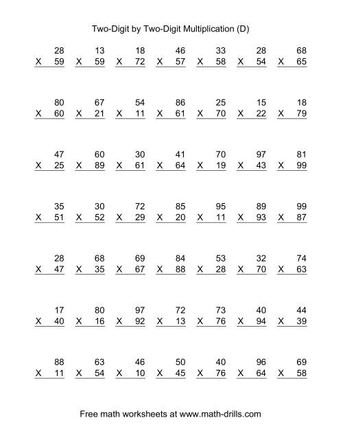 The Multiplying Two-Digit by Two-Digit -- 49 per page (D) Math Worksheet