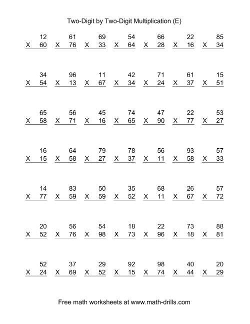 The Multiplying Two-Digit by Two-Digit -- 49 per page (E) Math Worksheet