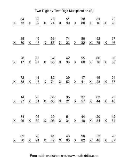 The Multiplying Two-Digit by Two-Digit -- 49 per page (F) Math Worksheet