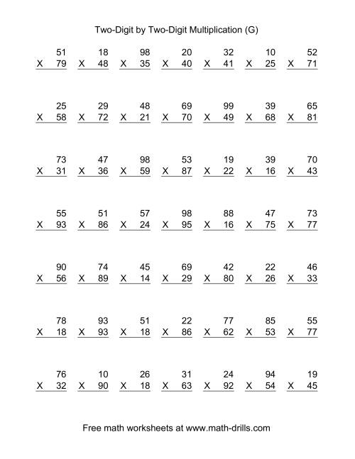 The Multiplying Two-Digit by Two-Digit -- 49 per page (G) Math Worksheet