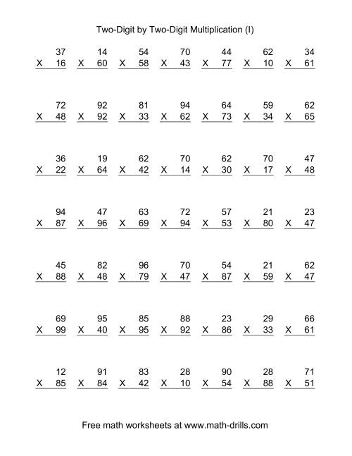 The Multiplying Two-Digit by Two-Digit -- 49 per page (I) Math Worksheet