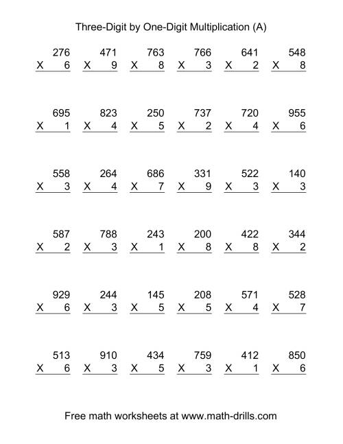 The Multiplying Three-Digit by One-Digit -- 36 per page (A) Math Worksheet