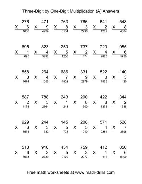 The Multiplying Three-Digit by One-Digit -- 36 per page (A) Math Worksheet Page 2
