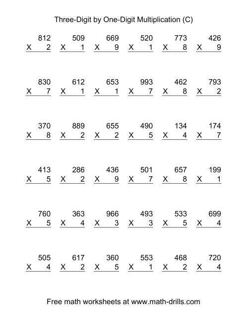 The Multiplying Three-Digit by One-Digit -- 36 per page (C) Math Worksheet