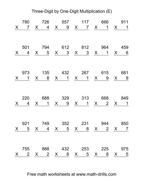 The Multiplying Three-Digit by One-Digit -- 36 per page (E) Math Worksheet