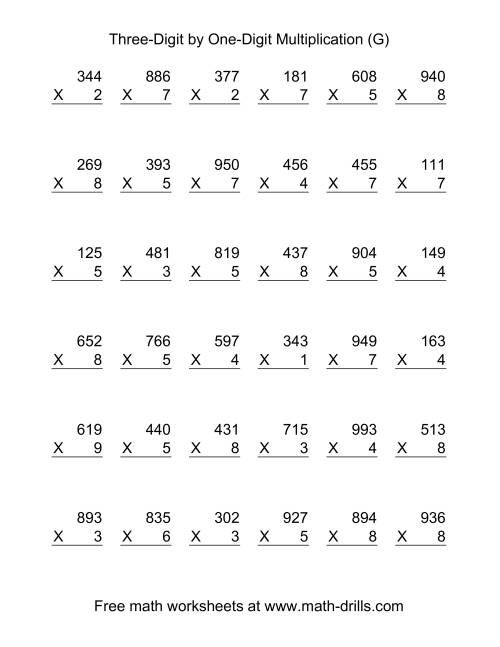 The Multiplying Three-Digit by One-Digit -- 36 per page (G) Math Worksheet