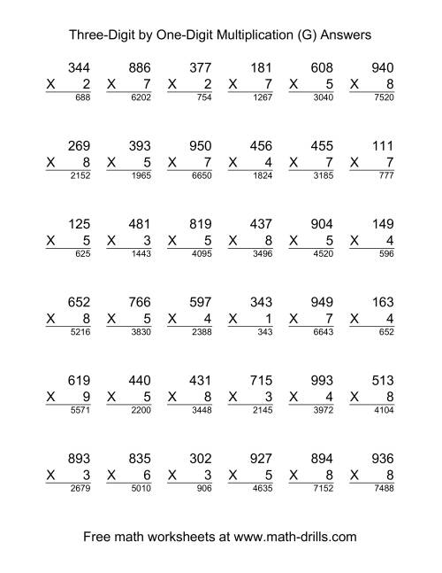 The Multiplying Three-Digit by One-Digit -- 36 per page (G) Math Worksheet Page 2