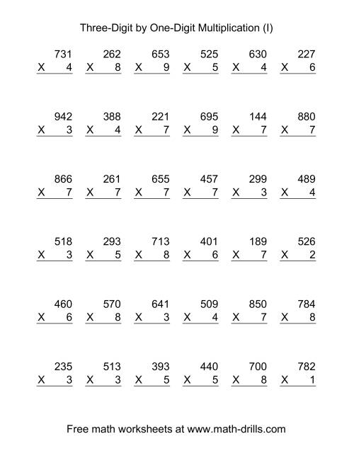 The Multiplying Three-Digit by One-Digit -- 36 per page (I) Math Worksheet