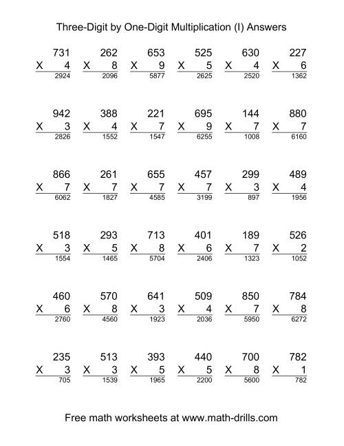 The Multiplying Three-Digit by One-Digit -- 36 per page (I) Math Worksheet Page 2