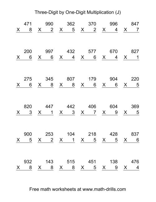 The Multiplying Three-Digit by One-Digit -- 36 per page (J) Math Worksheet