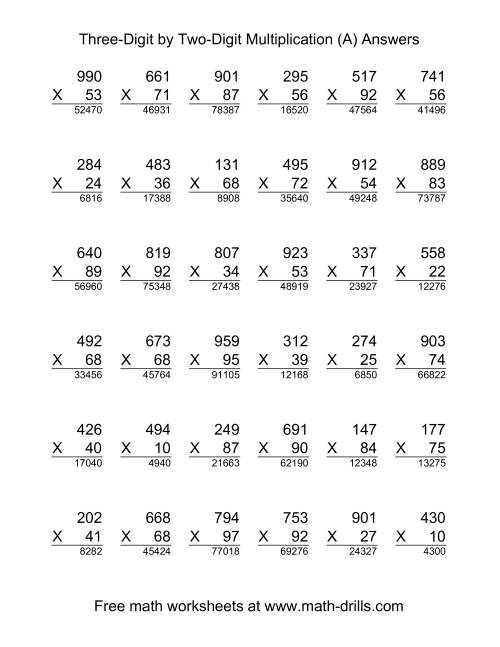 The Multiplying Three-Digit by Two-Digit -- 36 per page (A) Math Worksheet Page 2