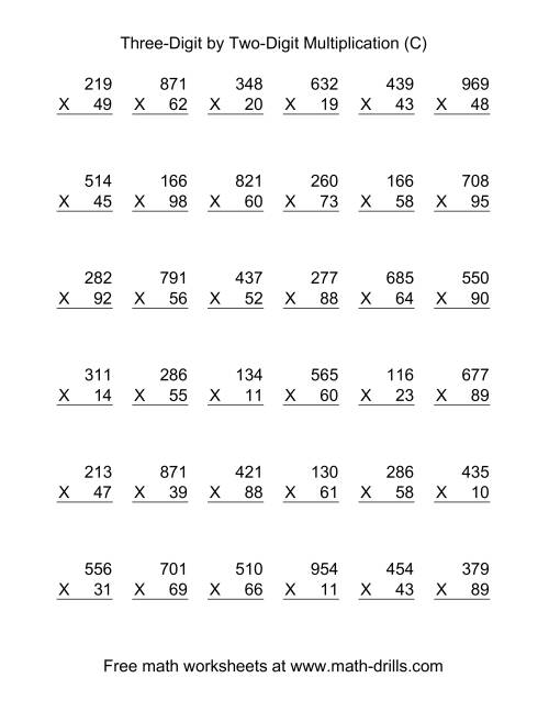The Multiplying Three-Digit by Two-Digit -- 36 per page (C) Math Worksheet