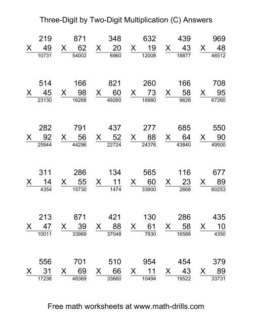 The Multiplying Three-Digit by Two-Digit -- 36 per page (C) Math Worksheet Page 2