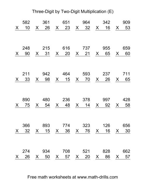The Multiplying Three-Digit by Two-Digit -- 36 per page (E) Math Worksheet
