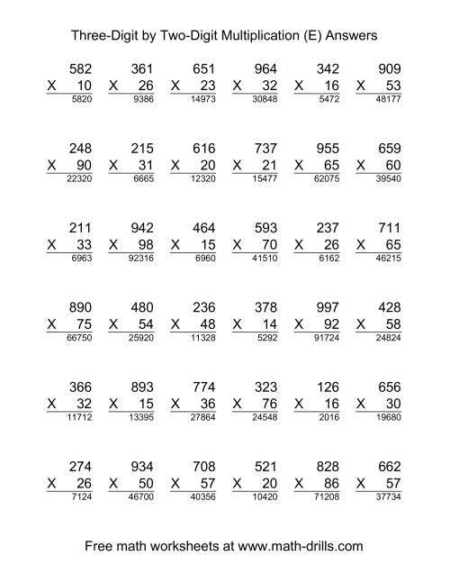 The Multiplying Three-Digit by Two-Digit -- 36 per page (E) Math Worksheet Page 2