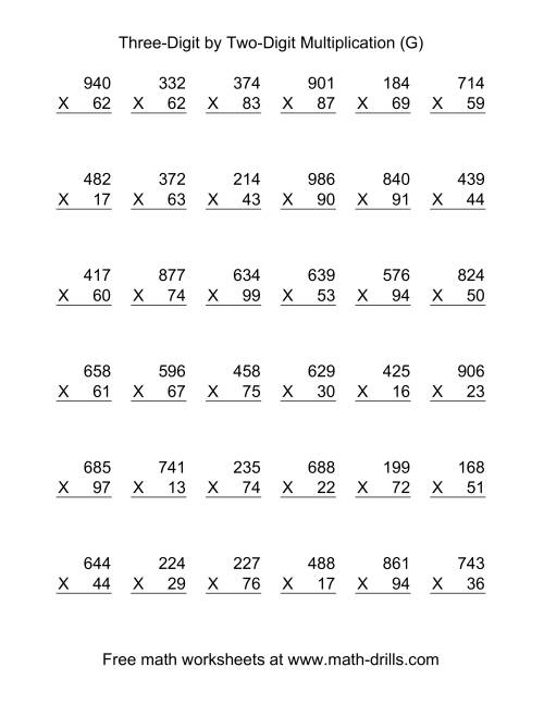 The Multiplying Three-Digit by Two-Digit -- 36 per page (G) Math Worksheet