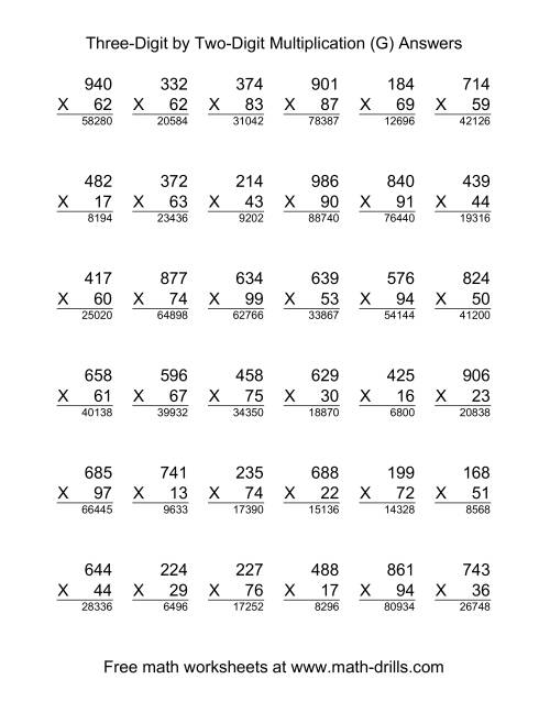 The Multiplying Three-Digit by Two-Digit -- 36 per page (G) Math Worksheet Page 2