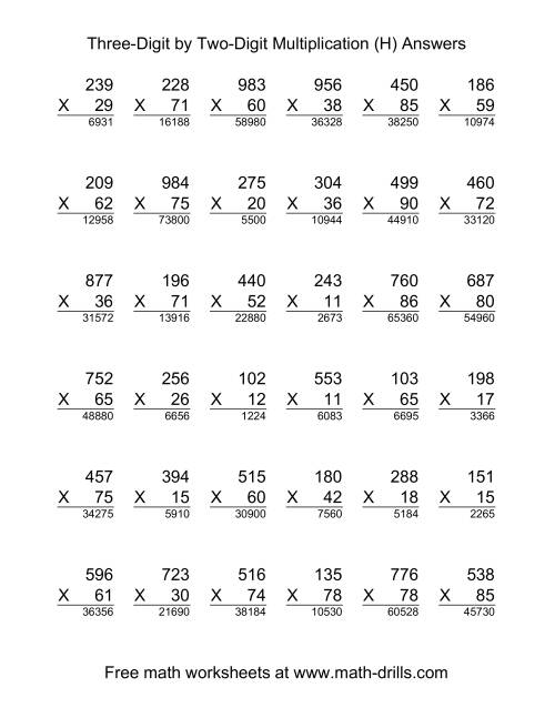 The Multiplying Three-Digit by Two-Digit -- 36 per page (H) Math Worksheet Page 2