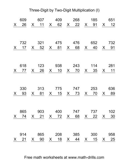 The Multiplying Three-Digit by Two-Digit -- 36 per page (I) Math Worksheet