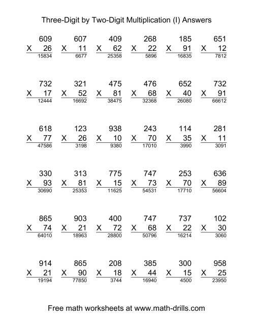 The Multiplying Three-Digit by Two-Digit -- 36 per page (I) Math Worksheet Page 2