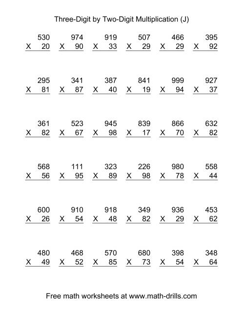 The Multiplying Three-Digit by Two-Digit -- 36 per page (J) Math Worksheet