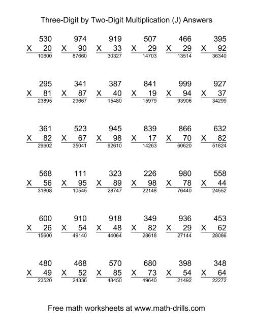 The Multiplying Three-Digit by Two-Digit -- 36 per page (J) Math Worksheet Page 2