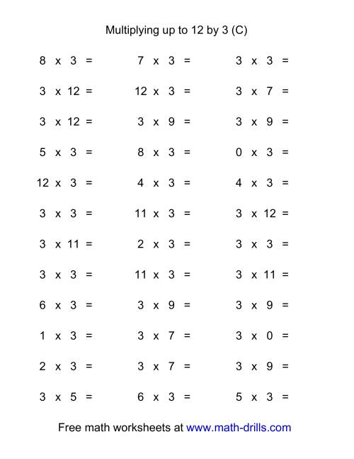 The 36 Horizontal Multiplication Facts Questions -- 3 by 0-12 (C) Math Worksheet