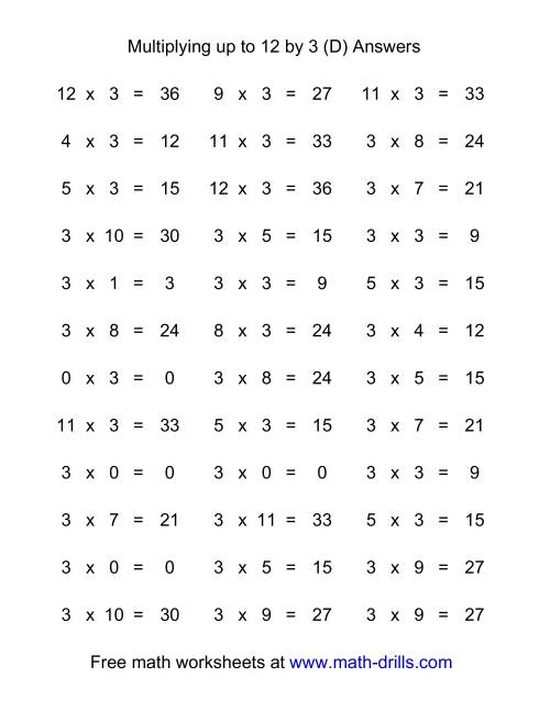 The 36 Horizontal Multiplication Facts Questions -- 3 by 0-12 (D) Math Worksheet Page 2