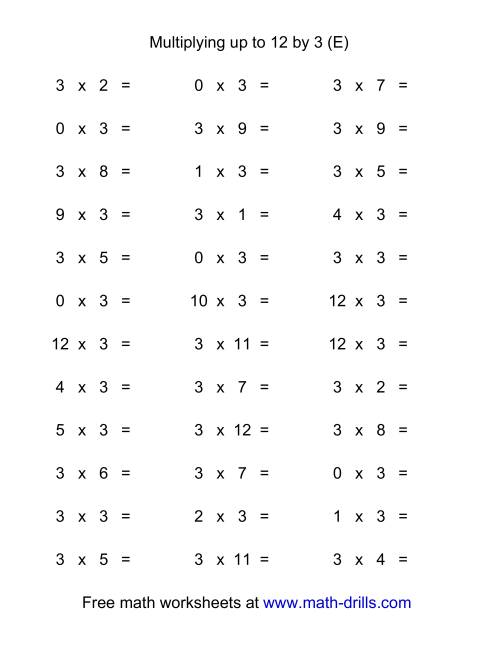 The 36 Horizontal Multiplication Facts Questions -- 3 by 0-12 (E) Math Worksheet