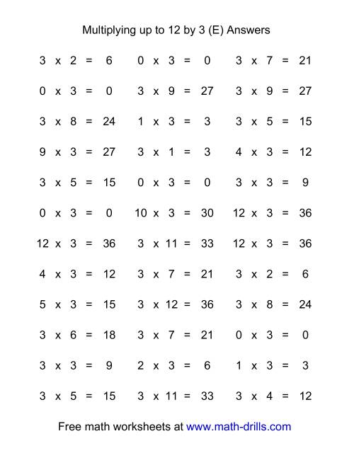 The 36 Horizontal Multiplication Facts Questions -- 3 by 0-12 (E) Math Worksheet Page 2