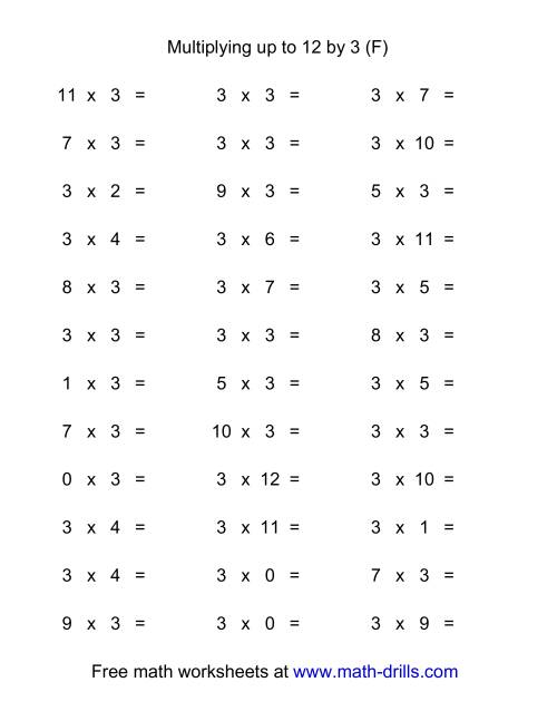 The 36 Horizontal Multiplication Facts Questions -- 3 by 0-12 (F) Math Worksheet