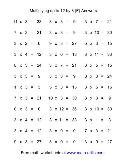 The 36 Horizontal Multiplication Facts Questions -- 3 by 0-12 (F) Math Worksheet Page 2