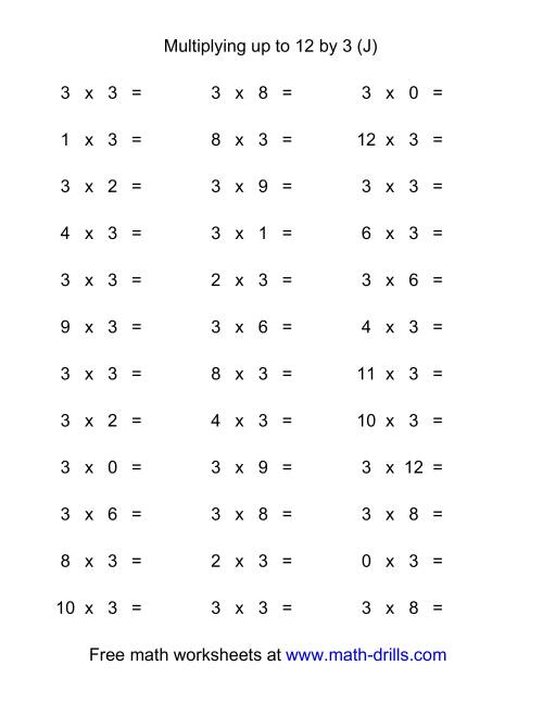 The 36 Horizontal Multiplication Facts Questions -- 3 by 0-12 (J) Math Worksheet