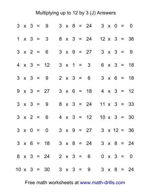 The 36 Horizontal Multiplication Facts Questions -- 3 by 0-12 (J) Math Worksheet Page 2