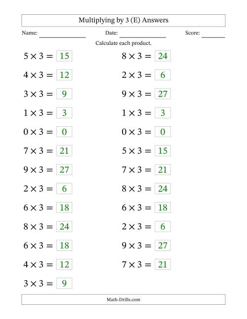 The Horizontally Arranged Multiplying (0 to 9) by 3 (25 Questions; Large Print) (E) Math Worksheet Page 2