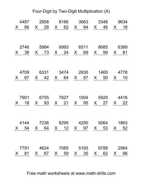 The Multiplying Four-Digit by Two-Digit -- 36 per page (A) Math Worksheet