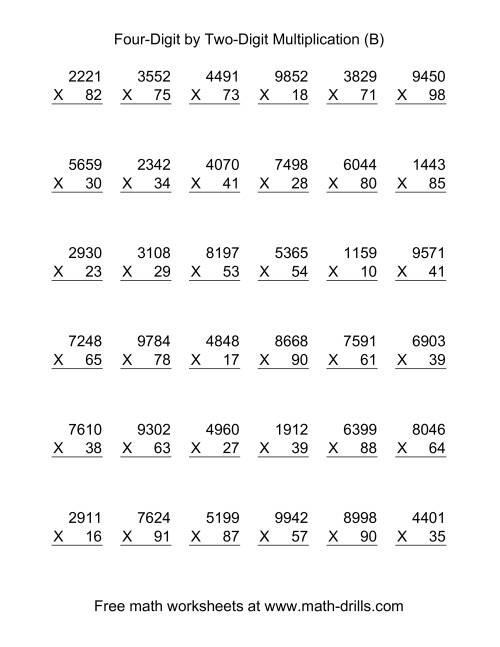 The Multiplying Four-Digit by Two-Digit -- 36 per page (B) Math Worksheet