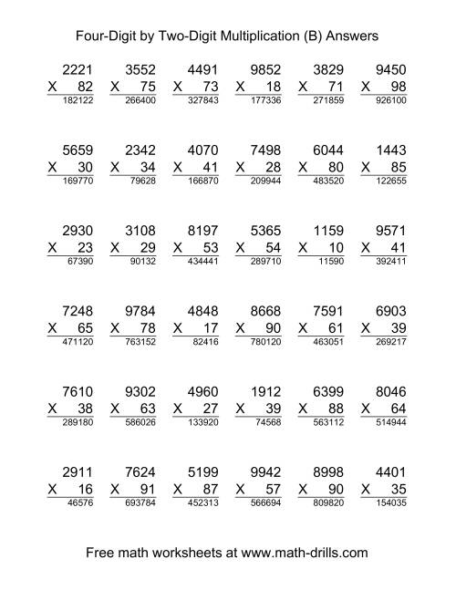 The Multiplying Four-Digit by Two-Digit -- 36 per page (B) Math Worksheet Page 2