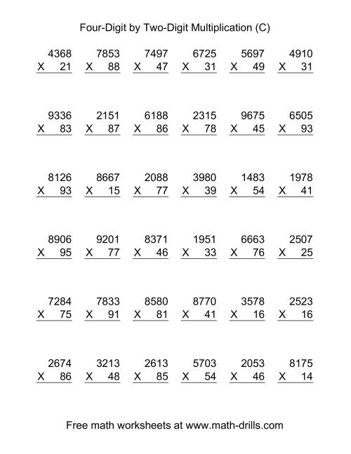 The Multiplying Four-Digit by Two-Digit -- 36 per page (C) Math Worksheet
