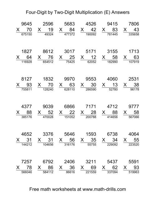 The Multiplying Four-Digit by Two-Digit -- 36 per page (E) Math Worksheet Page 2