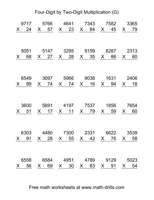 The Multiplying Four-Digit by Two-Digit -- 36 per page (G) Math Worksheet