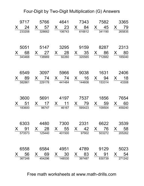 The Multiplying Four-Digit by Two-Digit -- 36 per page (G) Math Worksheet Page 2