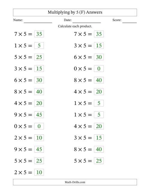 The Horizontally Arranged Multiplying (0 to 9) by 5 (25 Questions; Large Print) (F) Math Worksheet Page 2