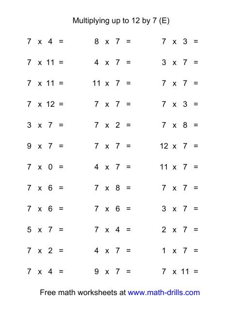 The 36 Horizontal Multiplication Facts Questions -- 7 by 0-12 (E) Math Worksheet