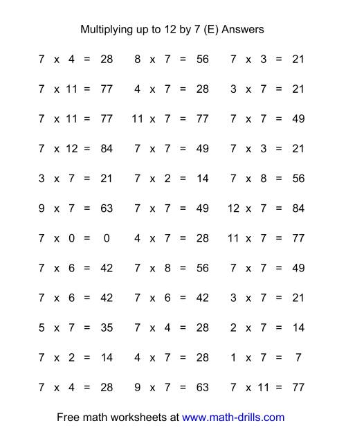 The 36 Horizontal Multiplication Facts Questions -- 7 by 0-12 (E) Math Worksheet Page 2