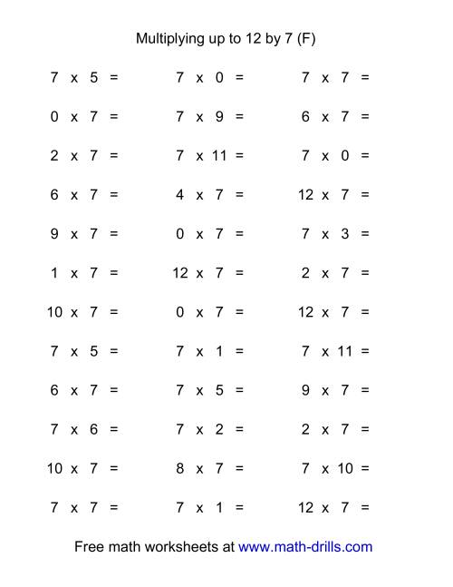 The 36 Horizontal Multiplication Facts Questions -- 7 by 0-12 (F) Math Worksheet