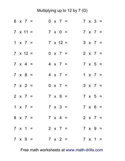The 36 Horizontal Multiplication Facts Questions -- 7 by 0-12 (G) Math Worksheet